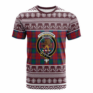 Fotheringham (Fotheringhame) Clan Tartan Christmas Cotton T-shirt with Family Crest