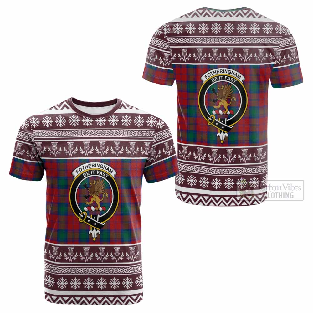 Fotheringham (Fotheringhame) Clan Tartan Christmas Cotton T-shirt with Family Crest - Tartan Vibes Clothing