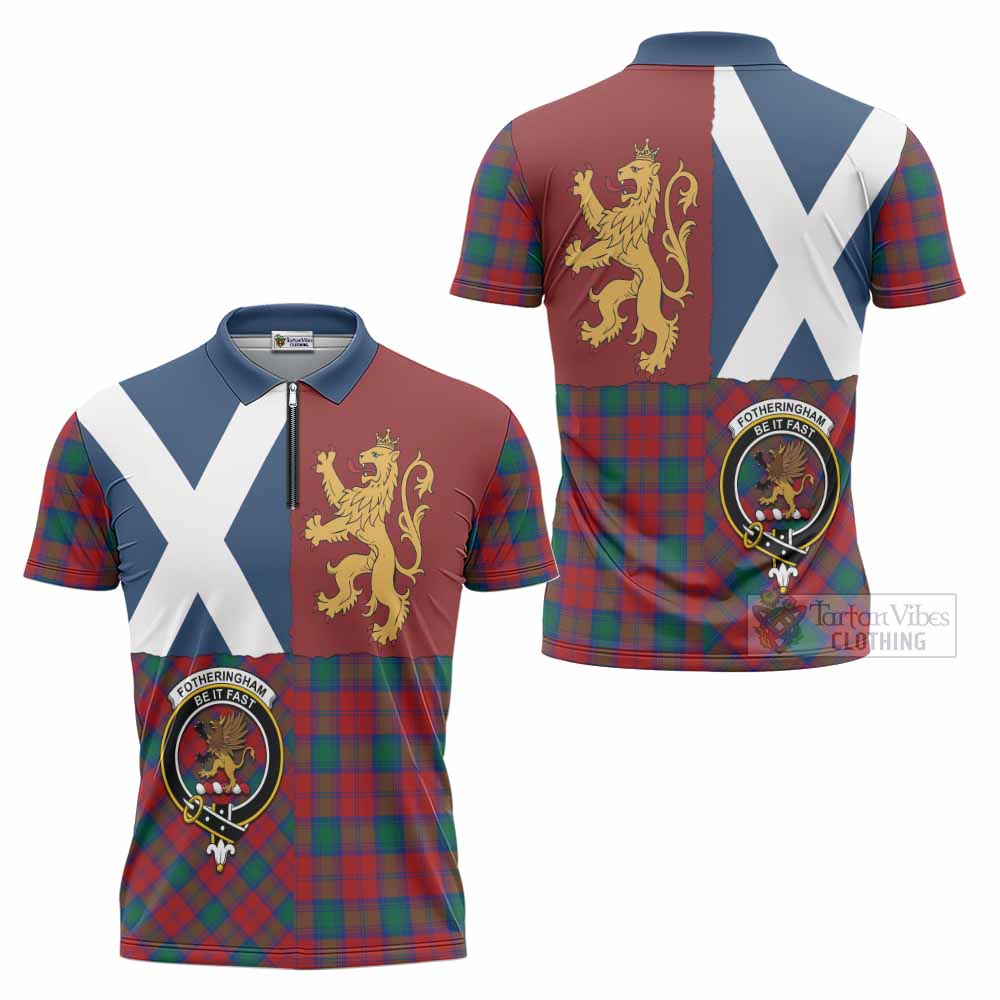 Fotheringham (Fotheringhame) Crest Tartan Zipper Polo Shirt with Lion Rampant Saltire Style