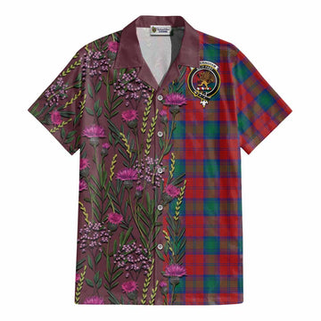 Fotheringham (Fotheringhame) Family Crest Tartan Cotton Hawaiian Shirt Scottish Thistle Flower Pattern Half Style - Tartan Vibes Clothing
