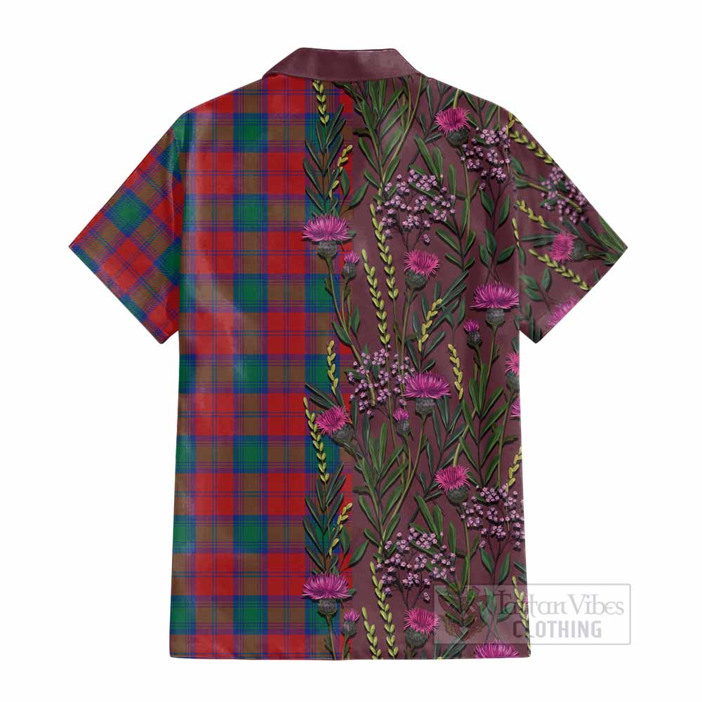 Fotheringham (Fotheringhame) Family Crest Tartan Cotton Hawaiian Shirt Scottish Thistle Flower Pattern Half Style - Tartan Vibes Clothing
