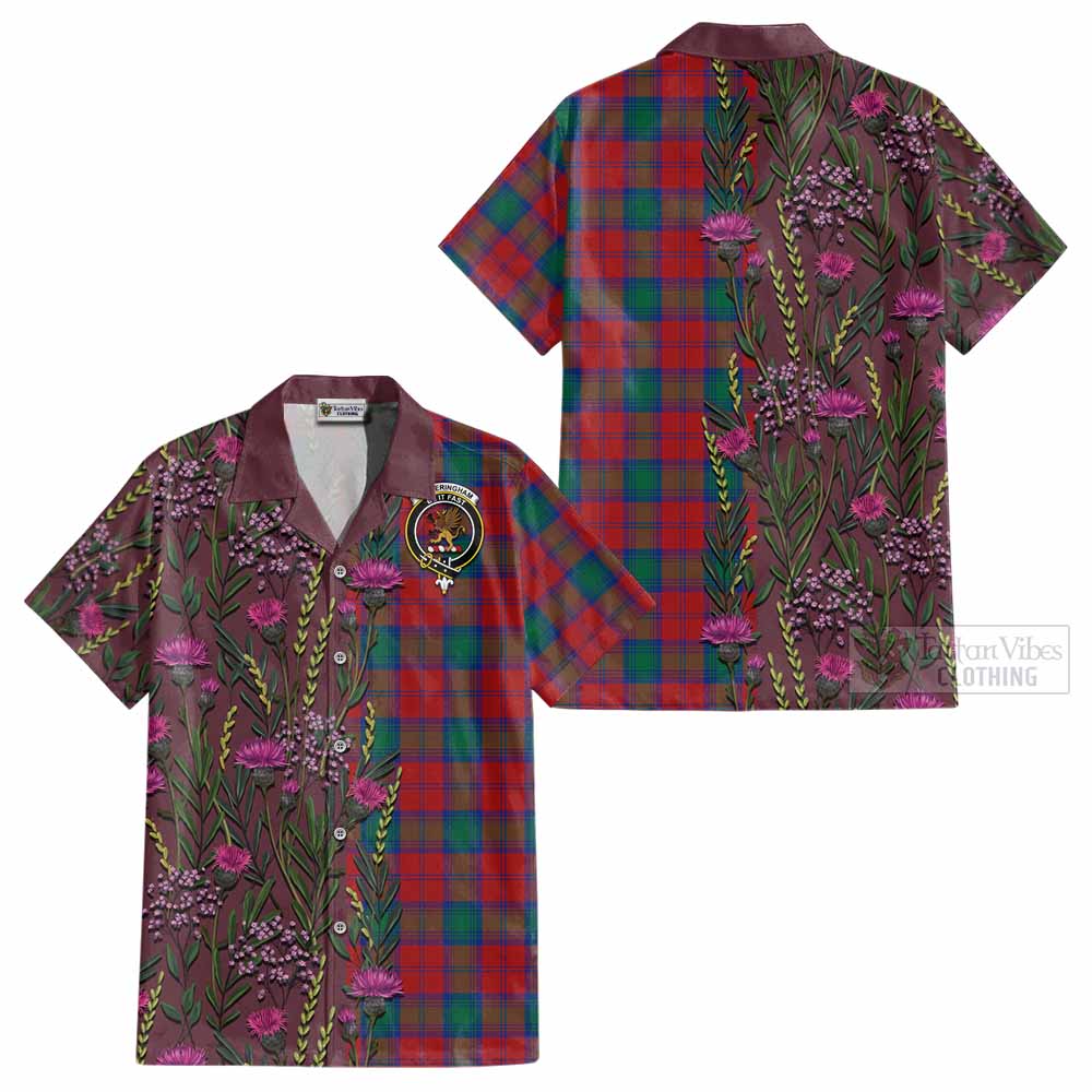 Fotheringham (Fotheringhame) Family Crest Tartan Cotton Hawaiian Shirt Scottish Thistle Flower Pattern Half Style - Tartan Vibes Clothing