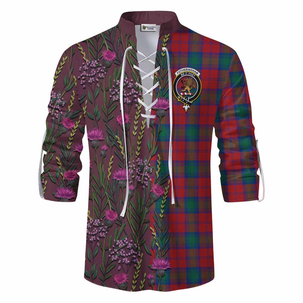 Fotheringham (Fotheringhame) Family Crest Tartan Ghillie Shirt Scottish Thistle Flower Pattern Half Style - Tartan Vibes Clothing
