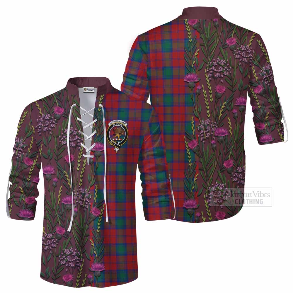 Fotheringham (Fotheringhame) Family Crest Tartan Ghillie Shirt Scottish Thistle Flower Pattern Half Style - Tartan Vibes Clothing