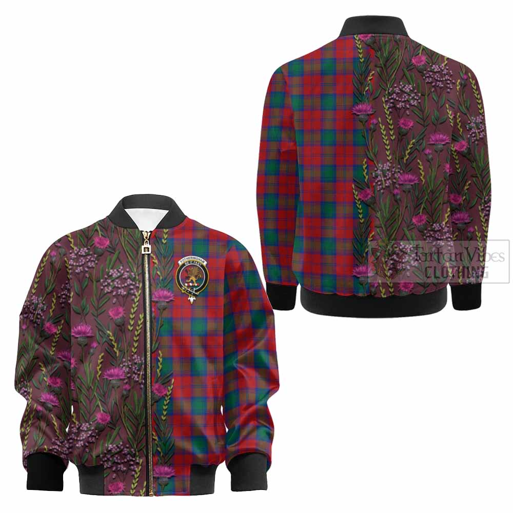 Fotheringham (Fotheringhame) Family Crest Tartan Kid Bomber Jacket Scottish Thistle Flower Pattern Half Style - Tartan Vibes Clothing