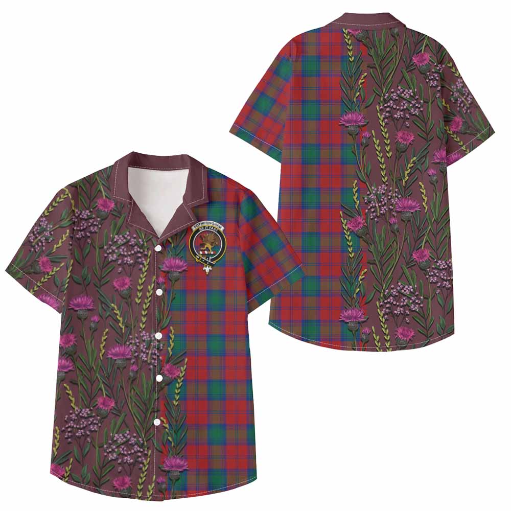Fotheringham (Fotheringhame) Family Crest Tartan Kid Hawaiian Shirt Scottish Thistle Flower Pattern Half Style - Tartan Vibes Clothing