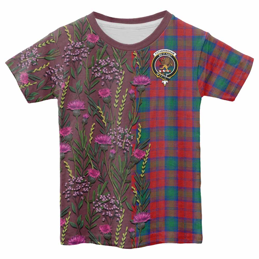 Fotheringham (Fotheringhame) Family Crest Tartan Kid T-shirt Scottish Thistle Flower Pattern Half Style - Tartan Vibes Clothing