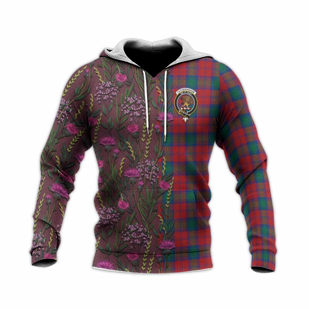 Fotheringham (Fotheringhame) Family Crest Tartan Knitted Hoodie Scottish Thistle Flower Pattern Half Style - Tartan Vibes Clothing