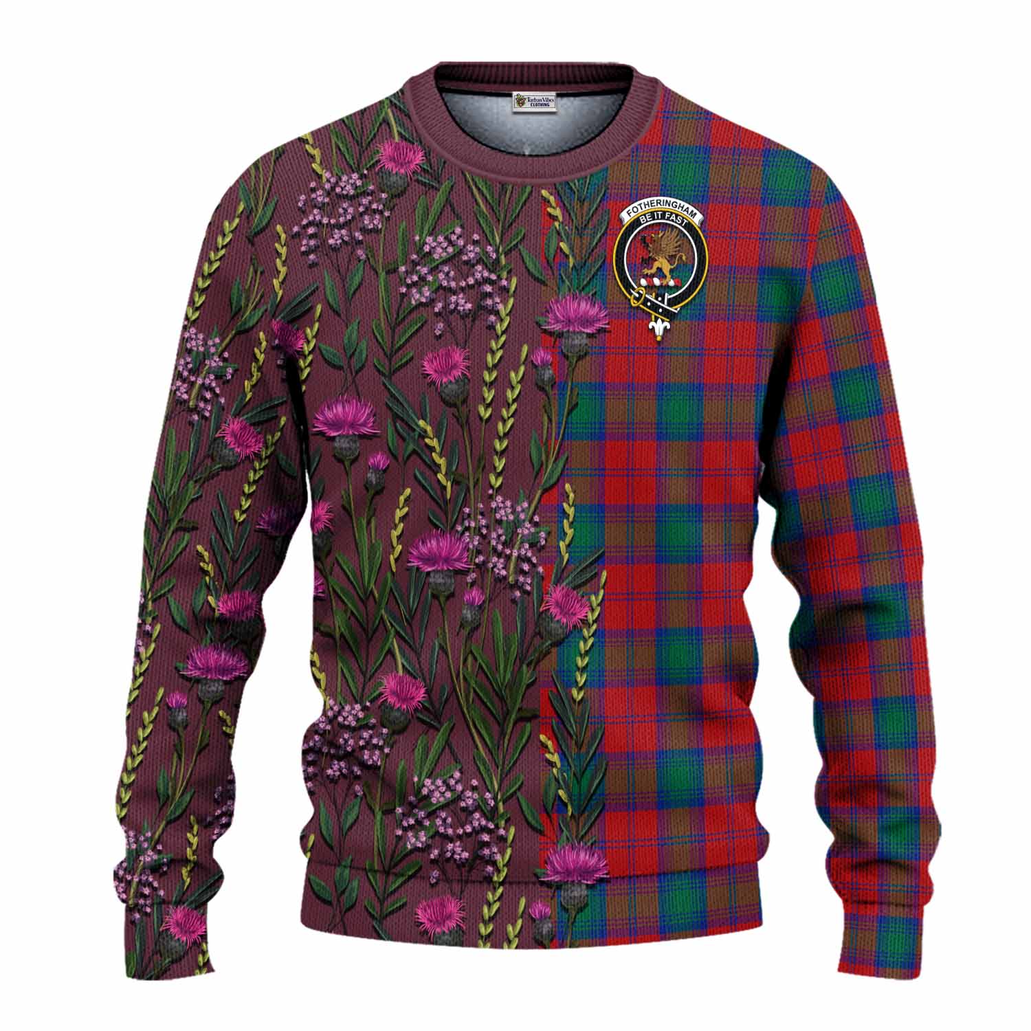 Fotheringham (Fotheringhame) Family Crest Tartan Knitted Sweater Scottish Thistle Flower Pattern Half Style - Tartan Vibes Clothing