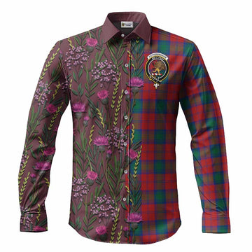 Fotheringham (Fotheringhame) Family Crest Tartan Long Sleeve Button Shirts Scottish Thistle Flower Pattern Half Style