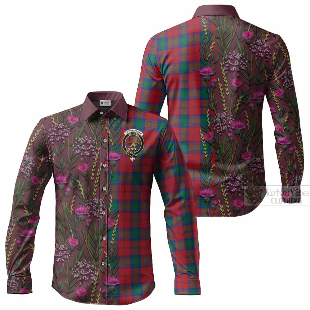 Fotheringham (Fotheringhame) Family Crest Tartan Long Sleeve Button Shirts Scottish Thistle Flower Pattern Half Style - Tartan Vibes Clothing