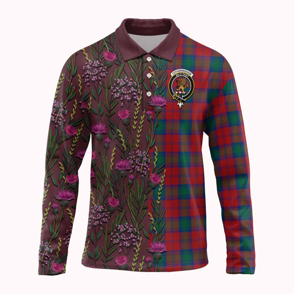 Fotheringham (Fotheringhame) Family Crest Tartan Long Sleeve Polo Shirt Scottish Thistle Flower Pattern Half Style - Tartan Vibes Clothing