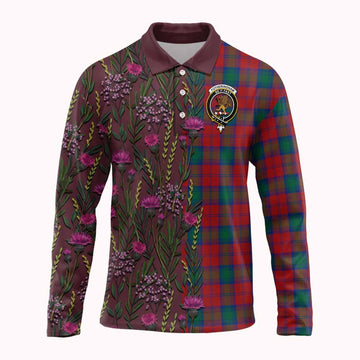 Fotheringham (Fotheringhame) Family Crest Tartan Long Sleeve Polo Shirt Scottish Thistle Flower Pattern Half Style