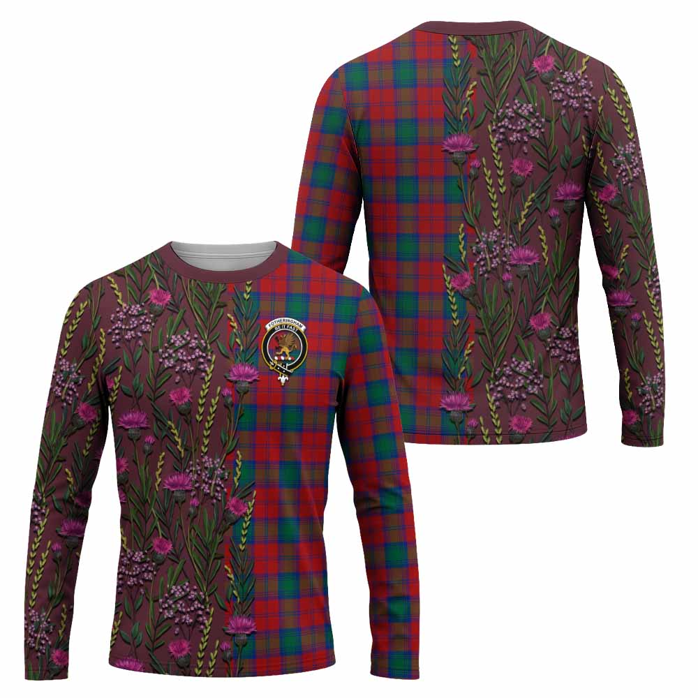 Fotheringham (Fotheringhame) Family Crest Tartan Long Sleeve T-Shirt Scottish Thistle Flower Pattern Half Style - Tartan Vibes Clothing
