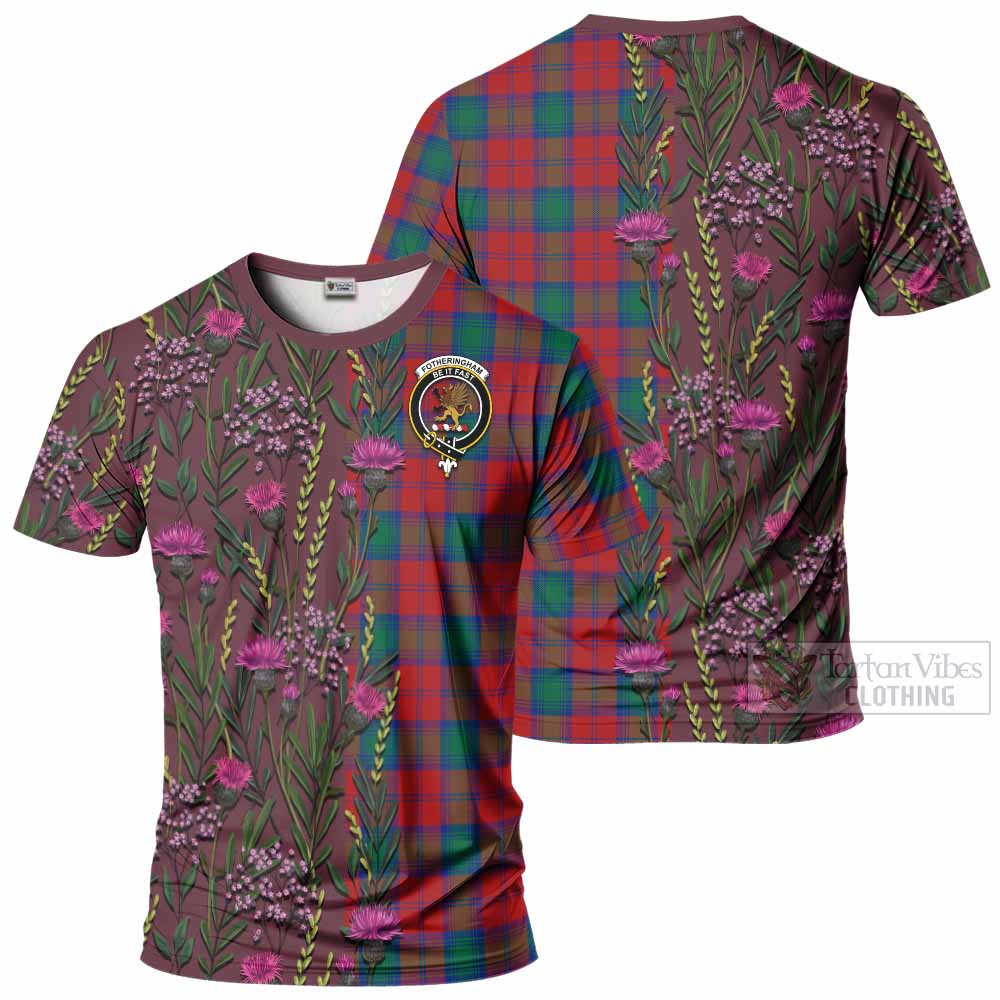 Fotheringham (Fotheringhame) Family Crest Tartan T-Shirt Scottish Thistle Flower Pattern Half Style - Tartan Vibes Clothing