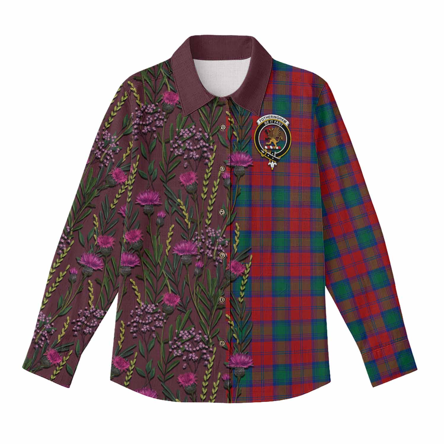 Fotheringham (Fotheringhame) Family Crest Tartan Women Casual Shirt Scottish Thistle Flower Pattern Half Style - Tartan Vibes Clothing