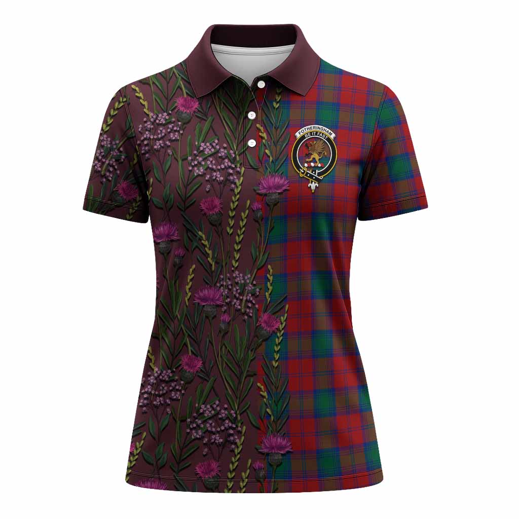 Fotheringham (Fotheringhame) Family Crest Tartan Women Polo Shirt Scottish Thistle Flower Pattern Half Style - Tartan Vibes Clothing