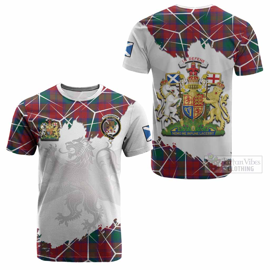 Fotheringham (Fotheringhame) Tartan Cotton T-shirt with Family Crest and Lion Rampant Grunge Style