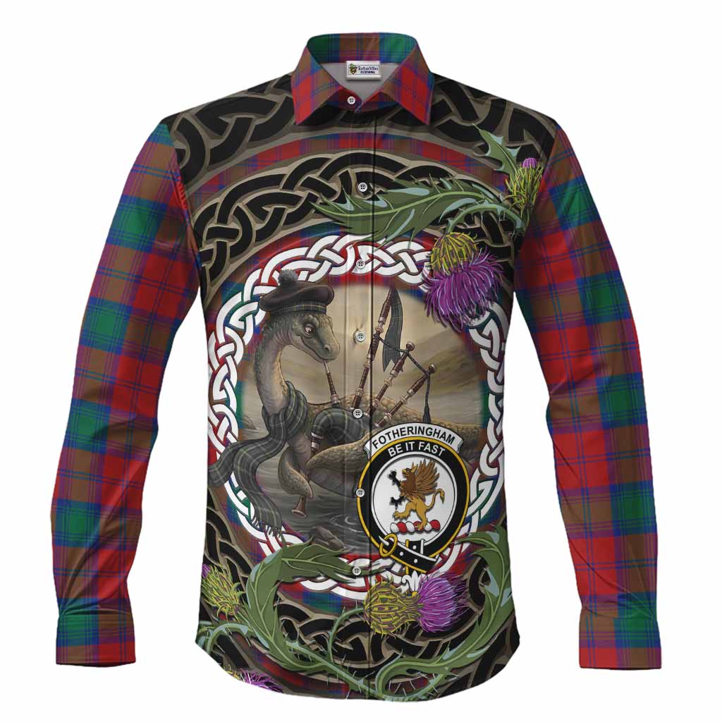 Fotheringham (Fotheringhame) Tartan Crest Bagpipe Nessie Long Sleeve Button Shirts Scottish Loch Ness Monster Celtic Thistle
