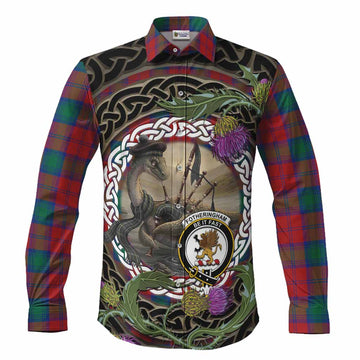 Fotheringham (Fotheringhame) Tartan Crest Bagpipe Nessie Long Sleeve Button Shirts Scottish Loch Ness Monster Celtic Thistle