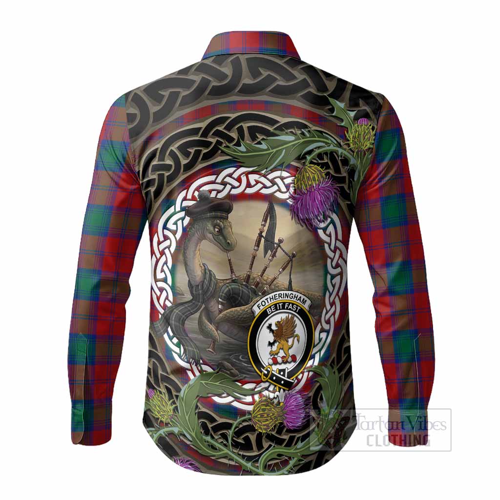 Fotheringham (Fotheringhame) Tartan Crest Bagpipe Nessie Long Sleeve Button Shirts Scottish Loch Ness Monster Celtic Thistle