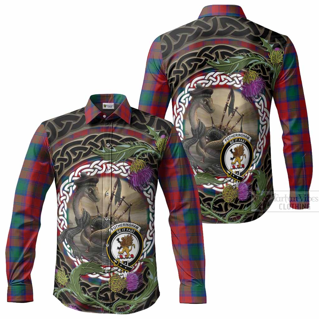 Fotheringham (Fotheringhame) Tartan Crest Bagpipe Nessie Long Sleeve Button Shirts Scottish Loch Ness Monster Celtic Thistle