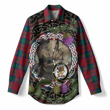 Fotheringham (Fotheringhame) Tartan Crest Bagpipe Nessie Women Casual Shirt Scottish Loch Ness Monster Celtic Thistle