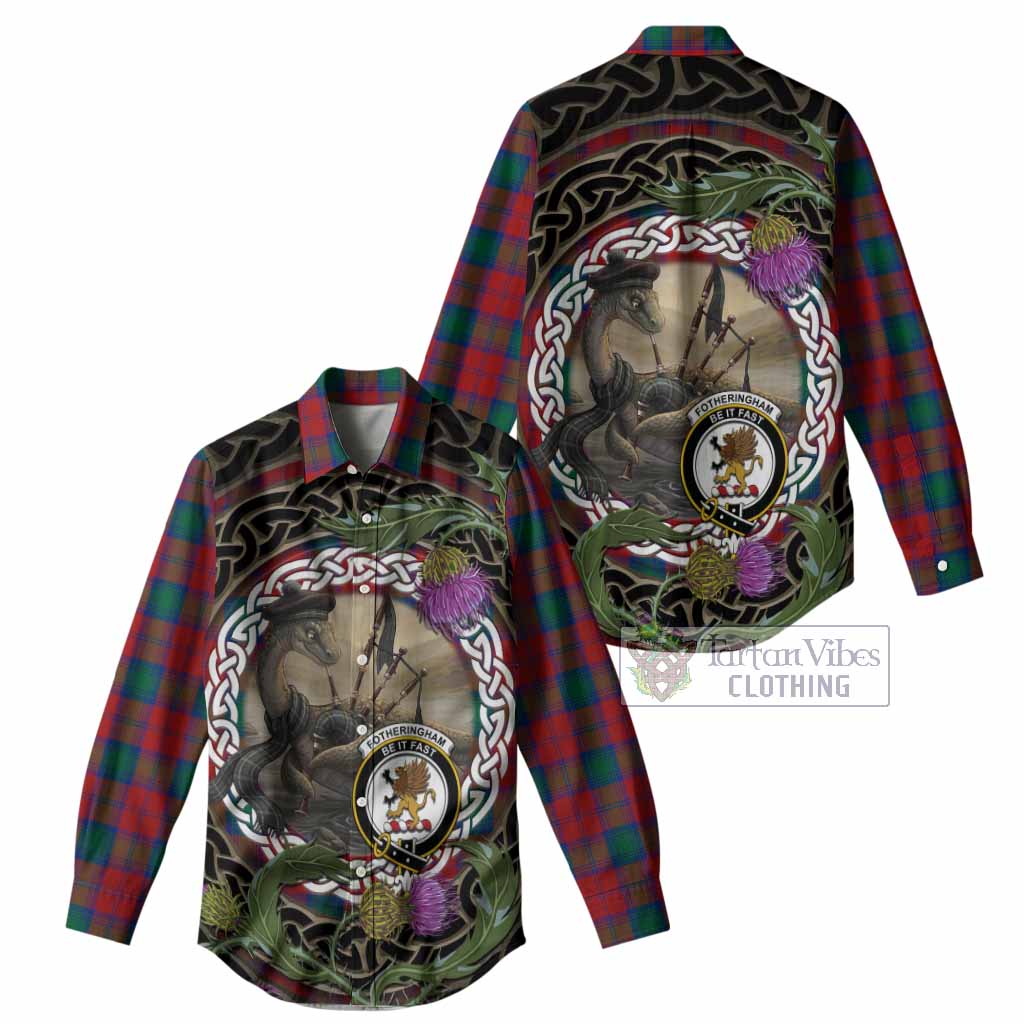 Fotheringham (Fotheringhame) Tartan Crest Bagpipe Nessie Women Casual Shirt Scottish Loch Ness Monster Celtic Thistle
