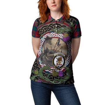 Fotheringham (Fotheringhame) Tartan Crest Bagpipe Nessie Women Polo Shirt Scottish Loch Ness Monster Celtic Thistle