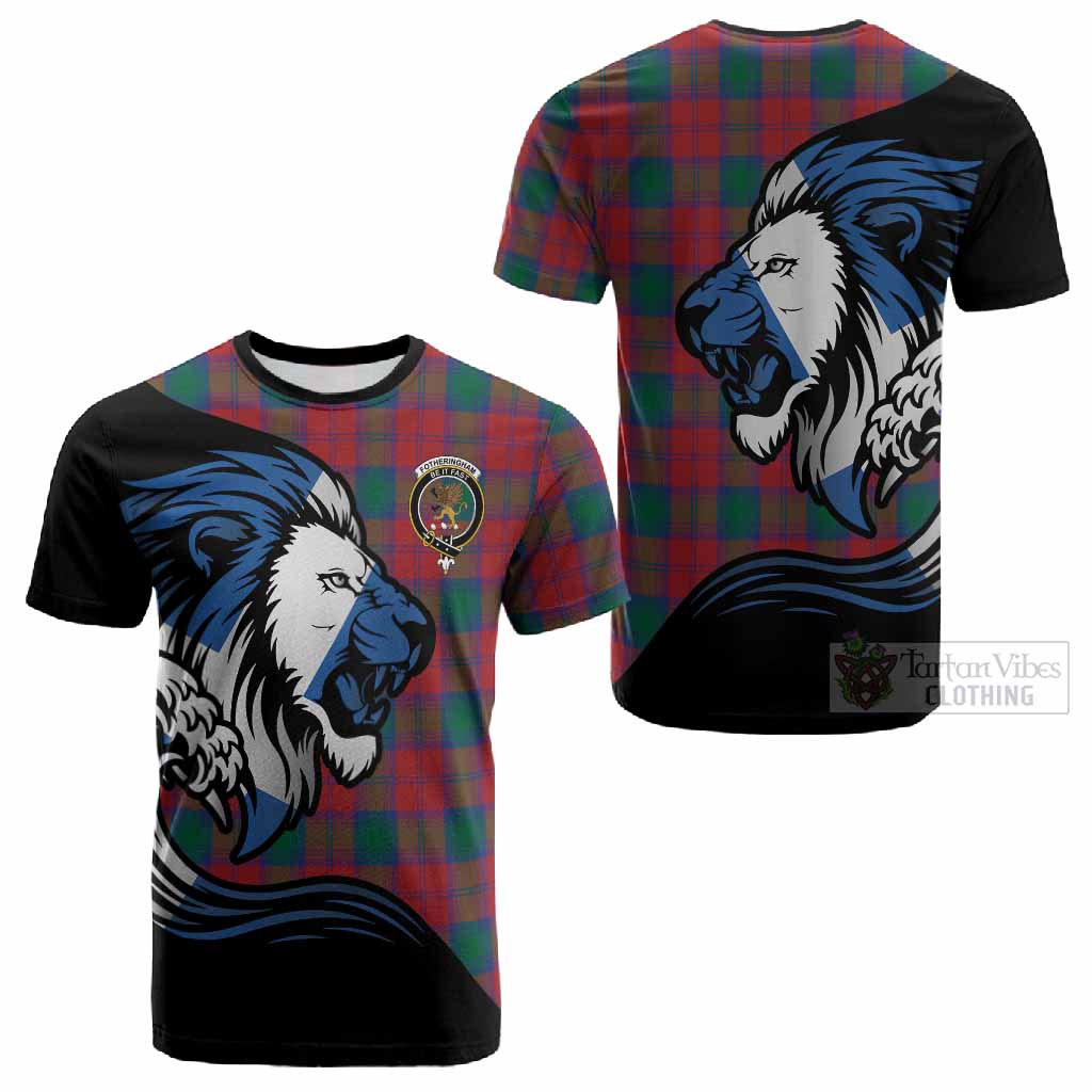 Fotheringham (Fotheringhame) Tartan Crest Cotton T-shirt Scottish Golden Lions Wave Flow