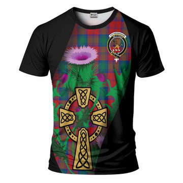 Fotheringham (Fotheringhame) Tartan Crest T-Shirt Celtic Cross Thistle Flowers