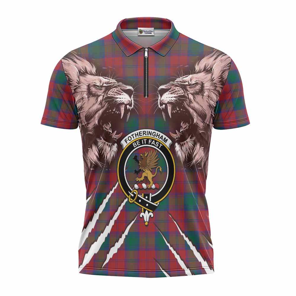 Fotheringham (Fotheringhame) Tartan Crest Zipper Polo Shirt Ferocious Lion Style
