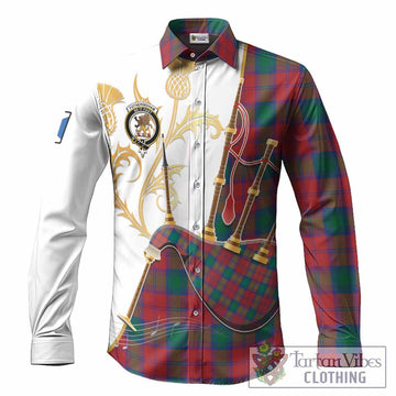 Fotheringham (Fotheringhame) Tartan Family Crest Long Sleeve Button Shirts Bagpipes with Scottish Thistle