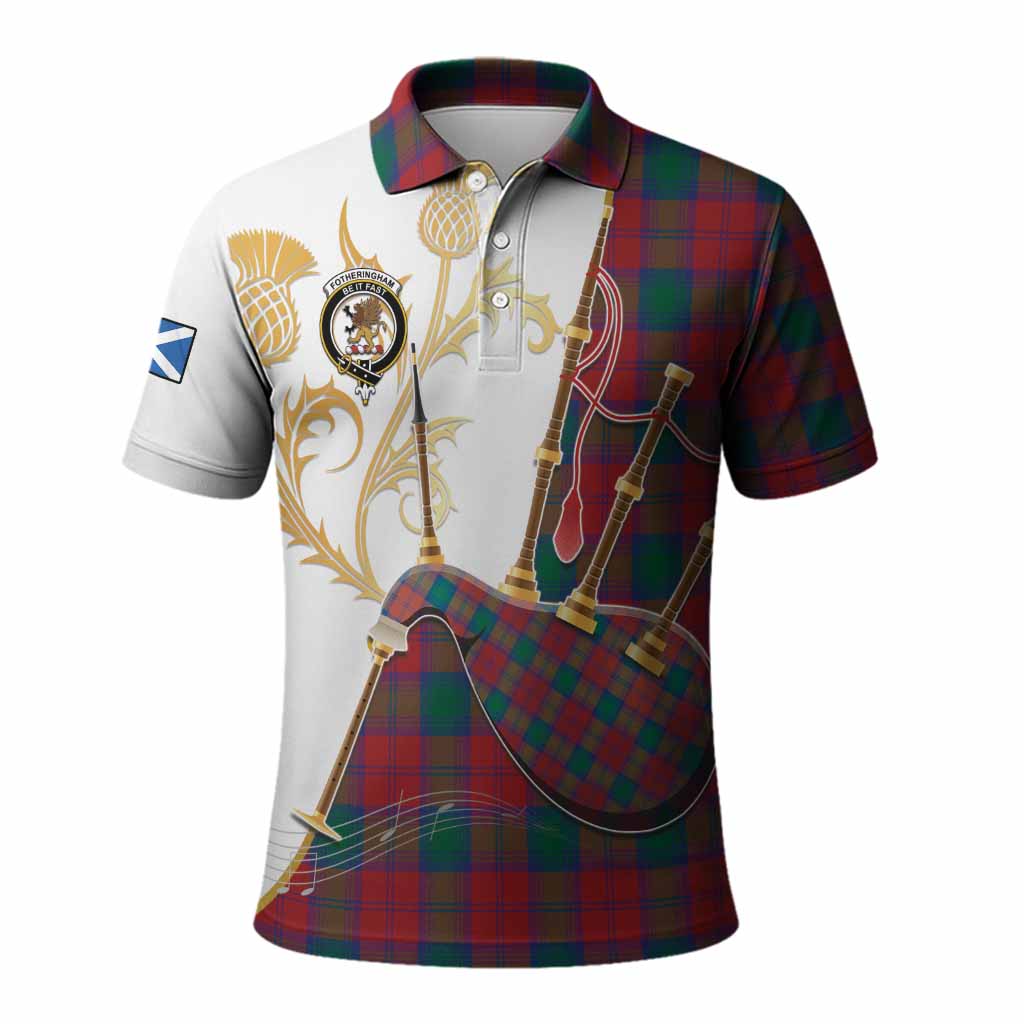 Fotheringham (Fotheringhame) Tartan Family Crest Polo Shirt Bagpipes with Scottish Thistle