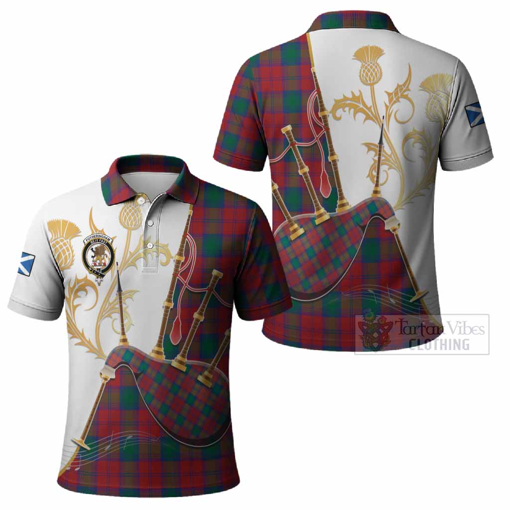 Fotheringham (Fotheringhame) Tartan Family Crest Polo Shirt Bagpipes with Scottish Thistle