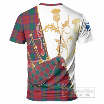 Fotheringham (Fotheringhame) Tartan Family Crest T-Shirt Bagpipes with Scottish Thistle