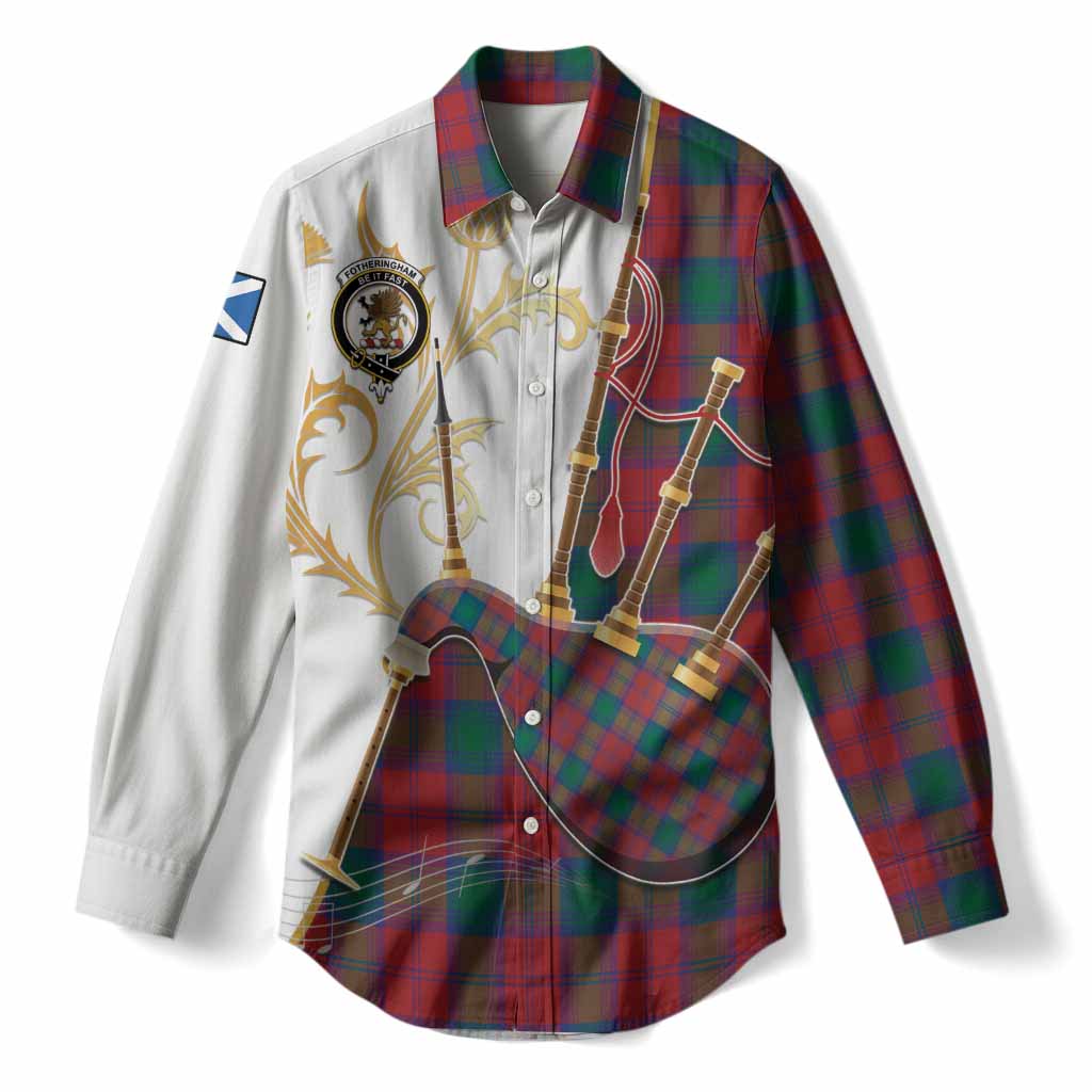 Fotheringham (Fotheringhame) Tartan Family Crest Women Casual Shirt Bagpipes with Scottish Thistle