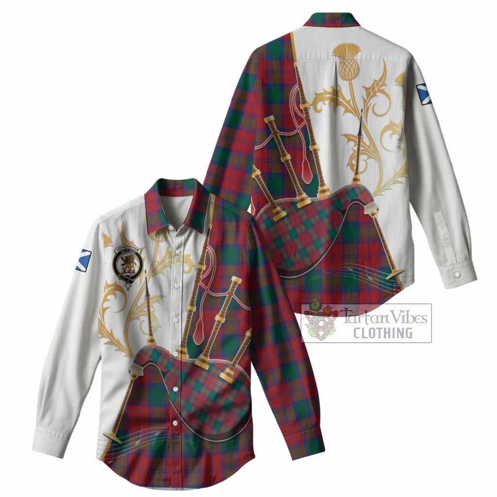 Fotheringham (Fotheringhame) Tartan Family Crest Women Casual Shirt Bagpipes with Scottish Thistle