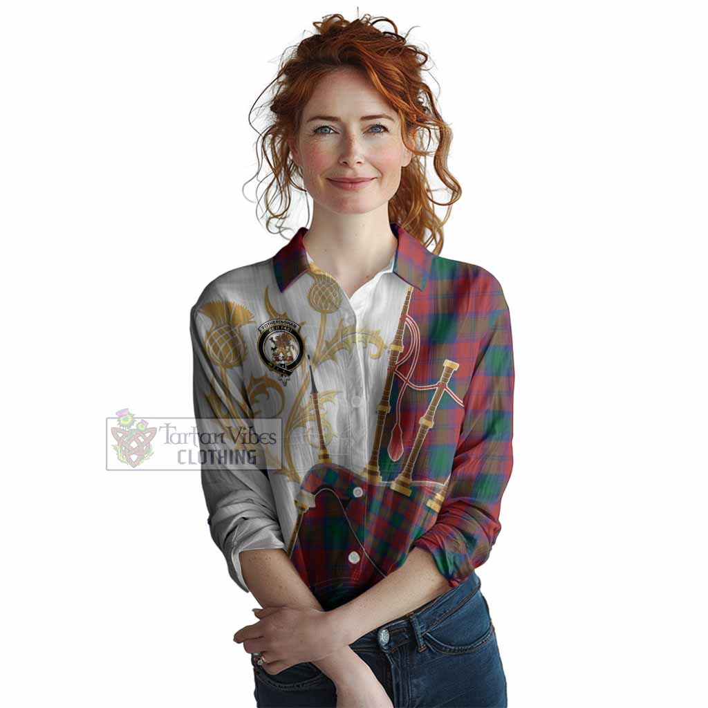 Fotheringham (Fotheringhame) Tartan Family Crest Women Casual Shirt Bagpipes with Scottish Thistle