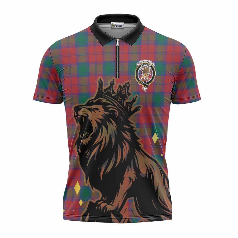 Fotheringham (Fotheringhame) Tartan Family Crest Zipper Polo Shirt Crowned Lion Roaring