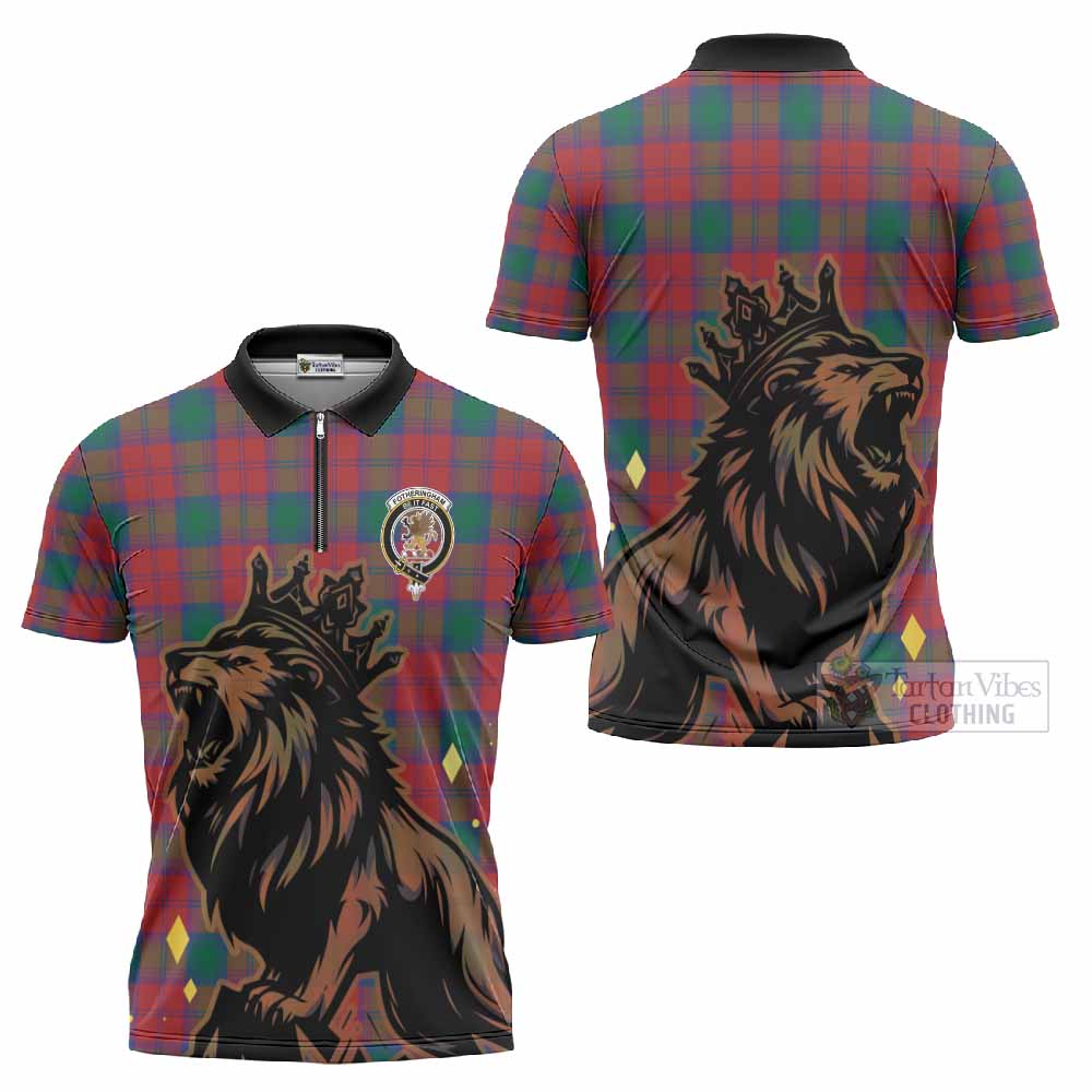 Fotheringham (Fotheringhame) Tartan Family Crest Zipper Polo Shirt Crowned Lion Roaring