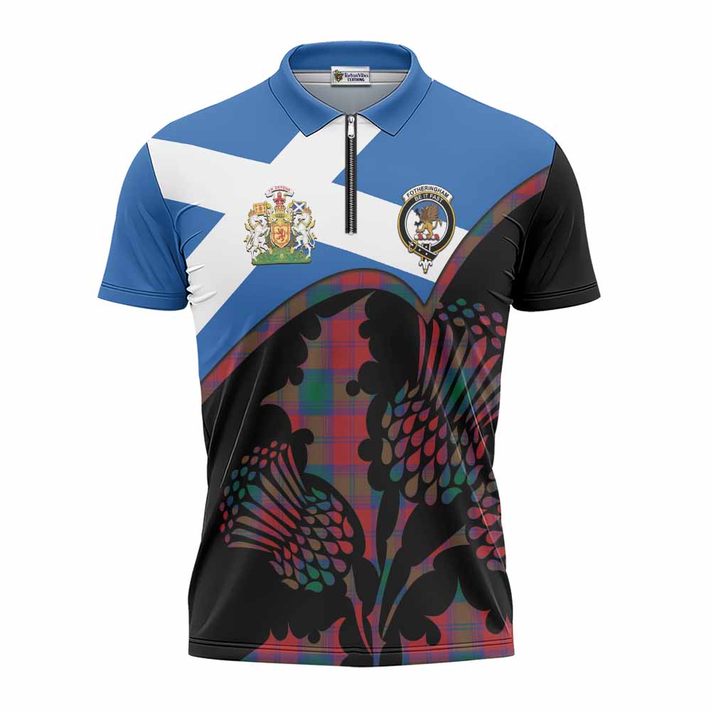 Fotheringham (Fotheringhame) Tartan Family Crest Zipper Polo Shirt Scotland Thistle Floral Flag Style