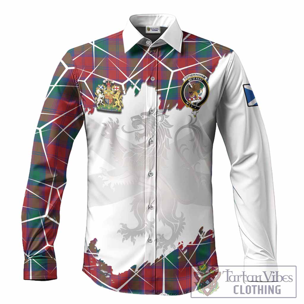 Fotheringham (Fotheringhame) Tartan Long Sleeve Button Shirts with Family Crest and Lion Rampant Grunge Style
