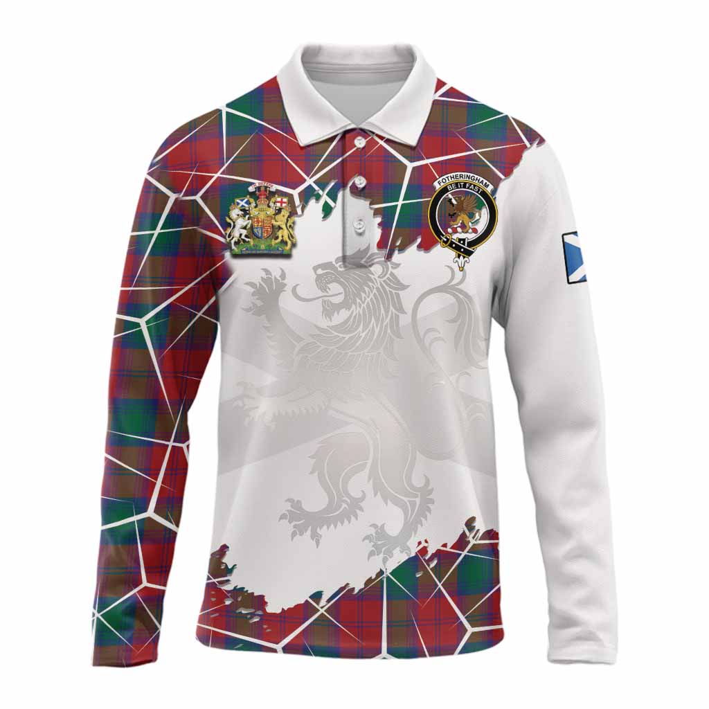 Fotheringham (Fotheringhame) Tartan Long Sleeve Polo Shirt with Family Crest and Lion Rampant Grunge Style