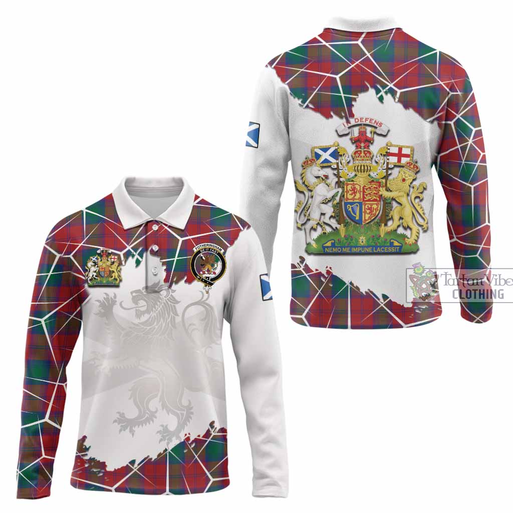 Fotheringham (Fotheringhame) Tartan Long Sleeve Polo Shirt with Family Crest and Lion Rampant Grunge Style