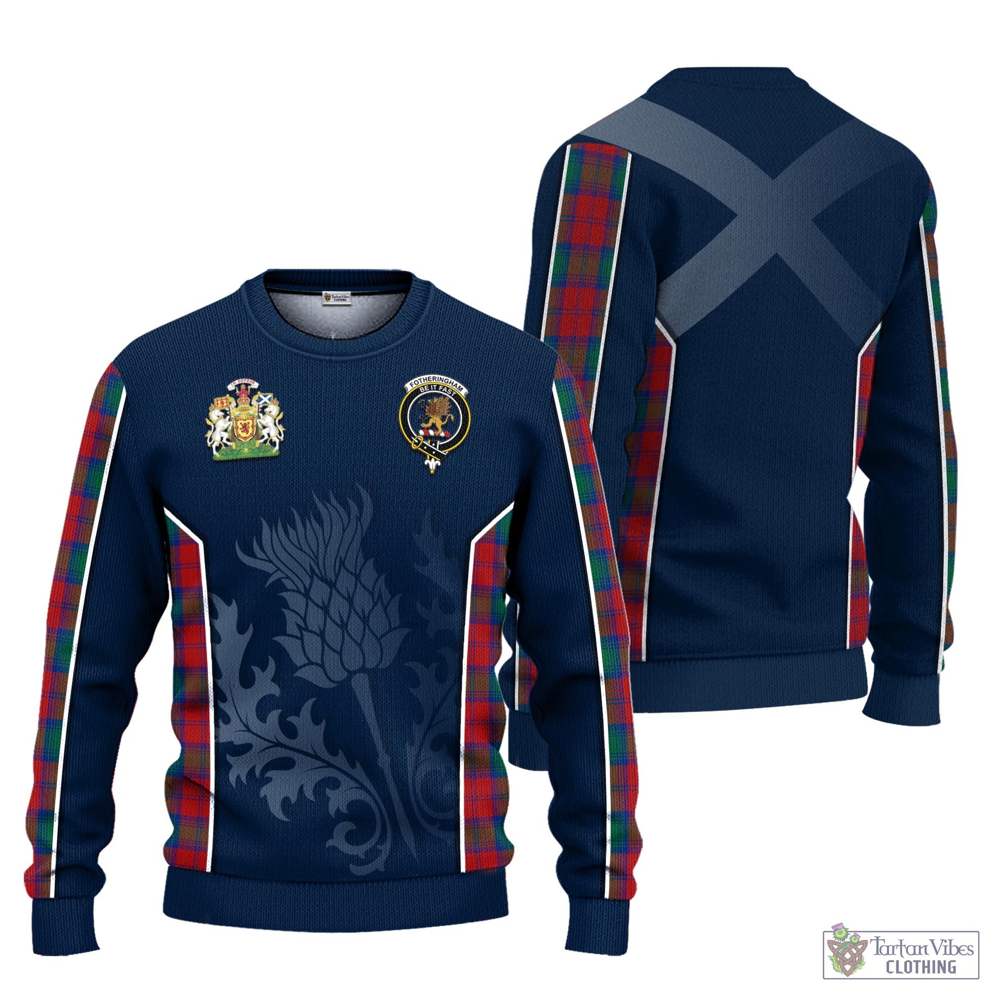 Tartan Vibes Clothing Fotheringham Modern Tartan Knitted Sweatshirt with Family Crest and Scottish Thistle Vibes Sport Style