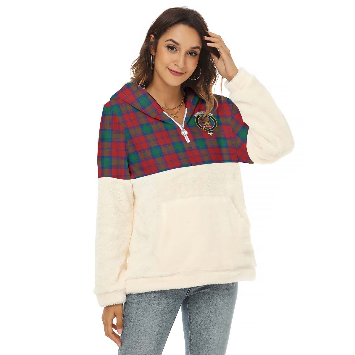 Fotheringham (Fotheringhame) Tartan Women's Borg Fleece Hoodie With Half Zip with Family Crest Female - Tartan Vibes Clothing