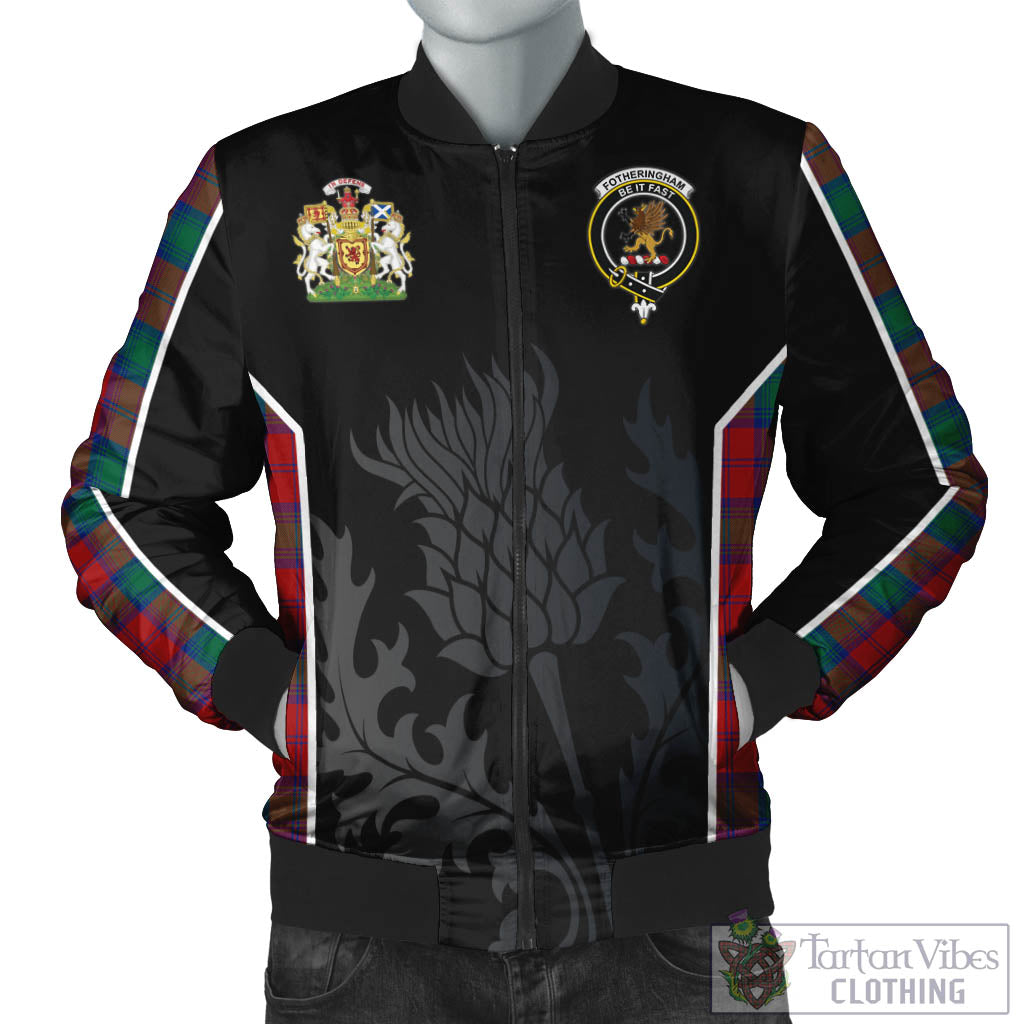 Tartan Vibes Clothing Fotheringham Modern Tartan Bomber Jacket with Family Crest and Scottish Thistle Vibes Sport Style