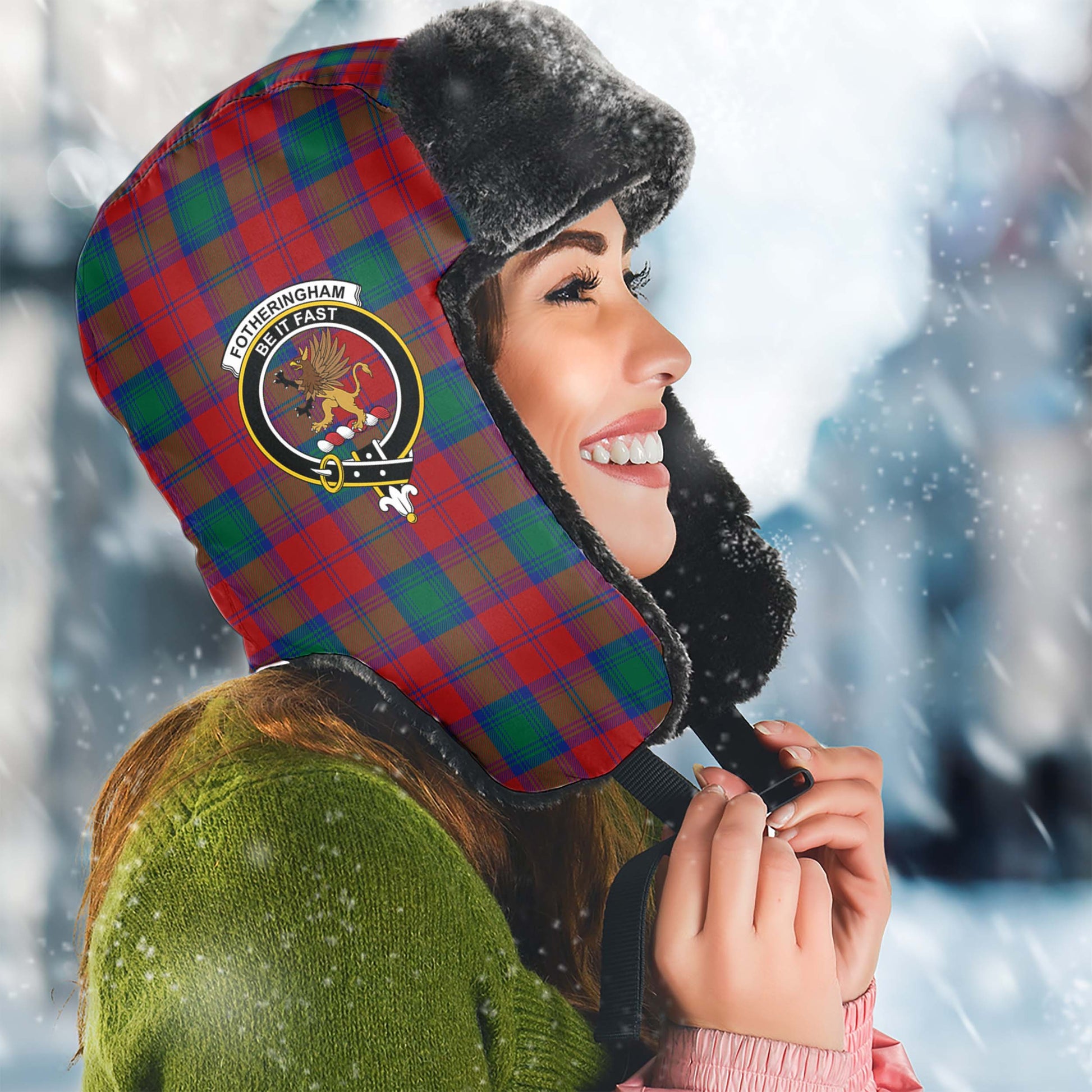 Fotheringham Modern Tartan Winter Trapper Hat with Family Crest Winter Trapper Hat Universal Fit Circumference 22.8in (58cm) - Tartanvibesclothing
