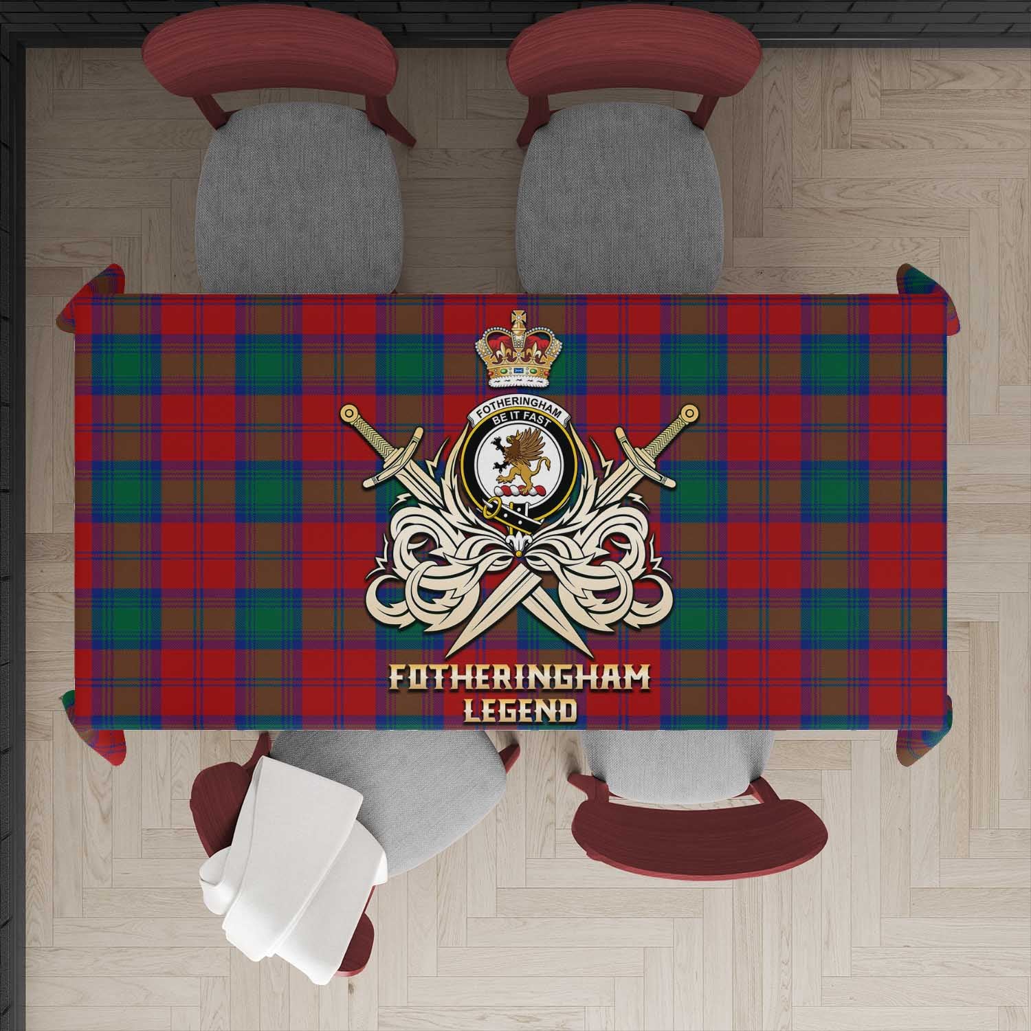 Tartan Vibes Clothing Fotheringham Modern Tartan Tablecloth with Clan Crest and the Golden Sword of Courageous Legacy